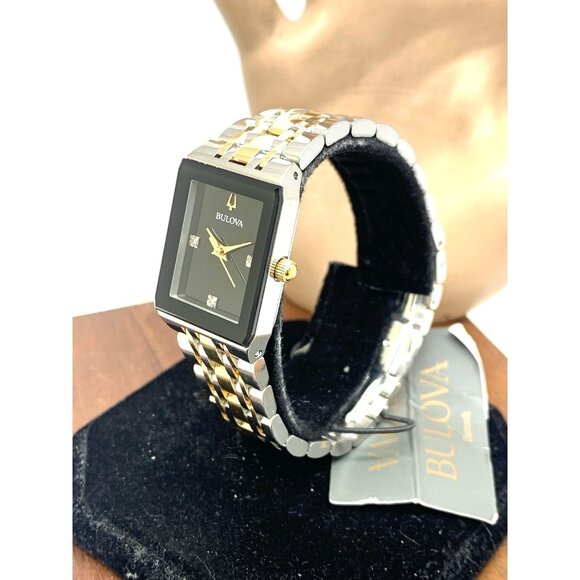 Bulova Women's Watch 98P185 Quartz Diamond Accent Black Dial Tank Two Tone Steel - Picture 2 of 13